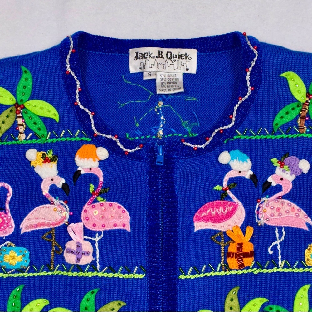 Jack B Quick Christmas Flamingo Zip Up Cardigan Sweater Small Beaded Embroidery